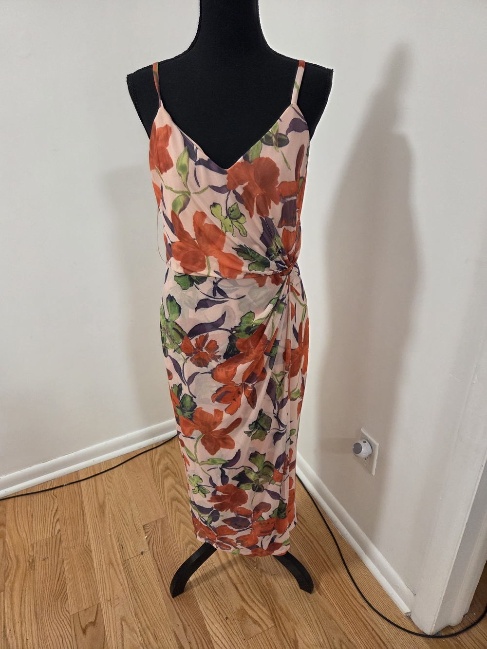 nine britton Peach Floral Slip Midi Dress with Orange Blooms